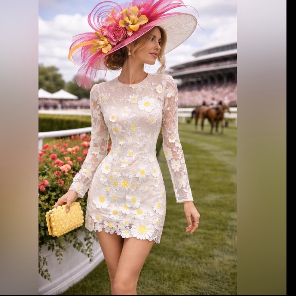 Avec Les Filles White Long Sleeve Floral Lace Mini Dress